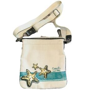Vintage Coach Canvas Flat Crossbody Starfish Handbag Coastal Beach Bag 8x7 Cream